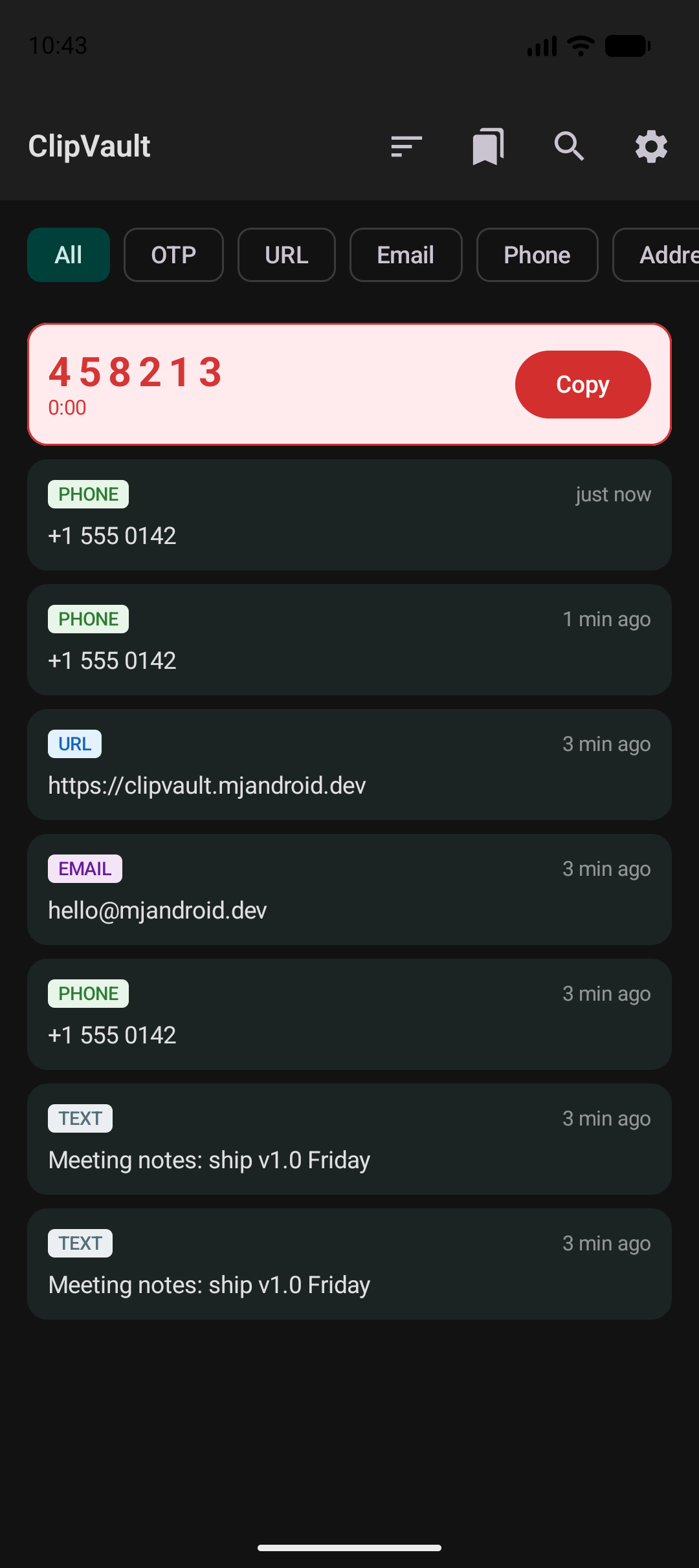 ClipVault clip list in gorgeous dark mode