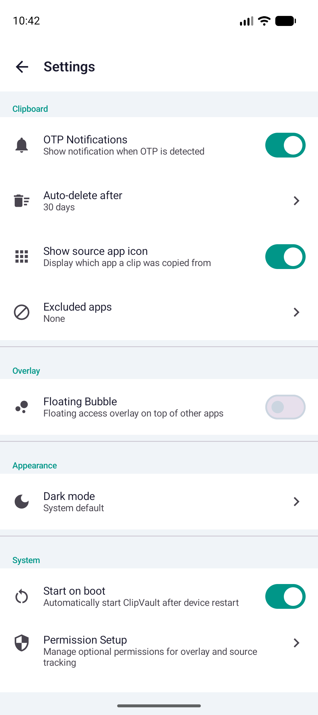 ClipVault settings screen with teal toggles